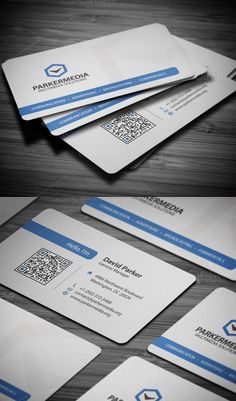 business card mockup with qr code on the front and back, in three different views