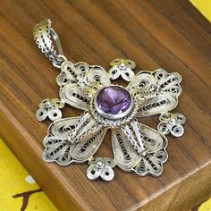 Vintage Sterling silver handmade pendant, 925 Jerusalem filigree cross with amethyst, stamped silver Silver Gift Wrap, Savannah Ga, Silver Gifts, Handmade Pendant, Handmade Pendants, Sterling Silber, Vintage Sterling Silver, Savannah, Handmade Silver