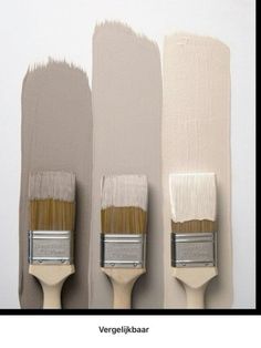 three paintbrushes are lined up against the wall with different shades of beige and white