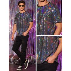 Wearing the shiny sequin short sleeves t-shirts can make your style fashion and outstanding. You can pair the short sleeves shiny t-shirts with leather pants, jeans jackets and casual shoes for a unique charming style. The glitter sequin tee tops are perfect for musical festivals, dance party, dates, nightclub, or other fashion events. Sequin Short Sleeve Party T-shirt, Summer Short Sleeve T-shirt With Sequins, Crew Neck T-shirt For Party Season Night Out, Black Short Sleeve T-shirt For Club, Fitted T-shirt For Party Season, Party Sequin Short Sleeve T-shirt, Black Sequin Short Sleeve T-shirt, Fitted Disco T-shirt For Summer, Fitted Crew Neck T-shirt With Sequins