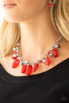 Featuring polished and cloudy finishes, a collection of red faux rocks dance from the bottom of a bold silver chain. Classic silver beads trickle between the colorful beading, adding a metallic shimmer to the whimsical fringe. Features an adjustable clasp closure. Sold as one individual necklace. Includes one pair of matching earrings. p2wh-rdxx-213xx Paparazzi Jewelry Images, Paparazzi Accessories Jewelry, Faux Rock, Rock Necklace, Rose Gold Frame, Red Necklace, Fashionable Jewelry, Paparazzi Accessories, Chic Jewelry