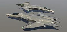 two fighter jets flying side by side on a gray surface with green light coming from the top