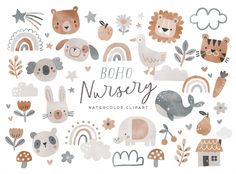 the boho nursery watercolor clipart set includes animals, trees, and flowers