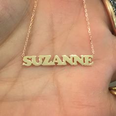 "This unique personalized block font single name cut-out necklace is composed of 14K solid gold and beautifully complemented by a durable 14K solid gold adjustable chain. This design is also available to be purchased as a charm alone without the chain. NOTE: The item will be made in the exact casing of the characters entered. Please be mindful of this detail when providing the customization desired. ♦Name Dimensions: approximately 3 to 4mm high x width depending on the names desired ♦ Pendant Th Personalized 14k Gold Necklace With Names, Custom 14k Gold Necklace With Names For Personalized Gift, 14k Gold Custom Name Necklace For Personalized Gift, Customized 14k Yellow Gold Necklace, Custom 14k Gold Name Necklace For Personalized Gift, Custom Yellow Gold Nameplate Necklace, 14k Gold Name Necklace As Personalized Gift, Customized 14k Gold Nameplate Necklace, Customized Yellow Gold Sterling Silver Name Necklace