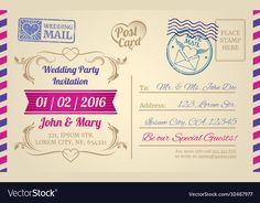 an image of wedding card with stamps on the front and back side for guests to sign in