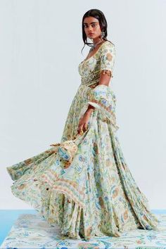 Shop for Mahima Mahajan Ivory Georgette Bushra Floral Print Anarkali With Dupatta for Women Online at Aza Fashions Floral Print Anarkali, Mahima Mahajan, Lehenga Style Saree, Indian Bridesmaid Dresses, Embroidered Anarkali, Lehenga Style, Anarkali Kurta, Embroidered Dupatta, Frock Design