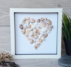 a heart made out of seashells in a white frame next to a potted plant