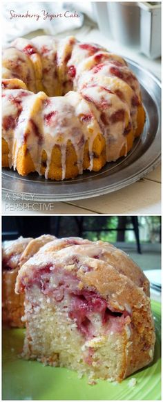 two pictures of a cake with icing and strawberries on it