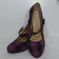 50s Babydoll Pin Up Style Purple & Black Plaid Pump High Heel Shoes By Sweet Beauty New Without Tags Or Box Pretty Purple & Black Plaid Print Fabric Perfect For Dopamine Dressing Essential Multi Seasons Staple Pair Easily Dress Up Or Down These Have A Bit Of A 50s Pin Up Style Vibe - Think Betty Page Slip On Entry With Elasticized Arch Strap Round Toe Solid Black Faux Patent Leather Heel Faux Patent Leather Button Detail On Arch Straps Fabric Upper Lightly Padded Insole Quality Manmade Materials Fitted Purple Heels With Closed Toe, Fitted Purple Closed Toe Heels, Betty Page, 50s Pin Up, Dopamine Dressing, Shoes Purple, Pretty Purple, Rockabilly Fashion, Purple Plaid