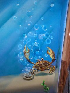 a painting of a crab in the ocean with bubbles on it's back side