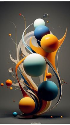 an abstract painting with different colored balls and swirls on the side, in grey background