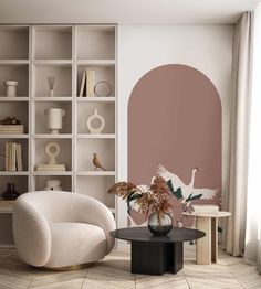 a living room filled with furniture and a book shelf next to a vase on a table