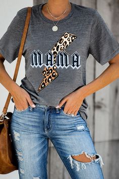 Gray Mama Letter Leopard Print Graphic T-shirt Puff Vinyl, Print Graphic, Mama Shirt, Lace Shorts, Graphic Prints, Neck T Shirt, Womens Tees, Leopard Print, Graphic T Shirt