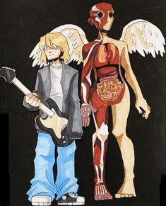 a drawing of two people standing next to each other with wings on their body and one holding a guitar