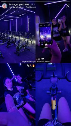 a woman taking a selfie with her cell phone while riding an exercise bike at night