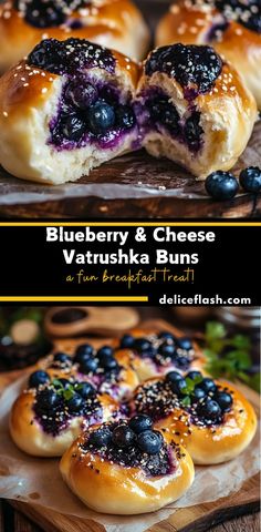 blueberry and cheese vatrushka buns on a cutting board with the title above it