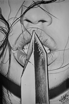 a pencil drawing of a woman's face with an arrow sticking out of her mouth