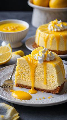 a slice of cheesecake on a plate with lemons in the background