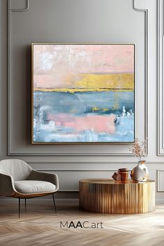 Original abstract landscape painting with pink, blue, and gold tones, featuring textured brushstrokes and a serene, modern aesthetic Abstract Landscape, Soft Pink, Pink Blue, Original Paintings, Texture, The Originals