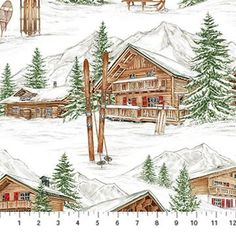 a drawing of snow covered houses and trees