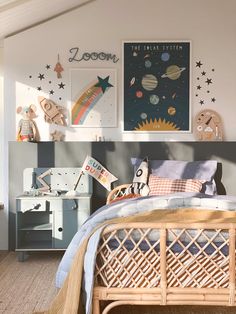 a child's bedroom with space themed decor