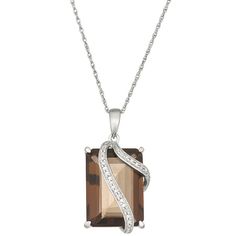 You will love the unique design of this smoky quartz and diamond accent pendant necklace by Jewelexcess. You will love the unique design of this smoky quartz and diamond accent pendant necklace by Jewelexcess.Click on this JEWELRY & WATCHES GUIDE to learn about fit, styles, materials and more! Pendant size: 1.10"L x 0.50"W Chain length: 18 in. Chain type: rope Metal: sterling silver Plating: sterling silver Finish: polished Nickel freeSTONE DETAILS Stone type: smoky quartz Total weight: 14.13 ct. Center stone size: 18.00 mm x 13.00 mm Shape: emerald cut Setting: pave, prongDIAMOND DETAILS Total weight: less than 1/10 ct. Shape: round Setting: pave Diamond weights are approximate. Diamond Total Weights may vary between .01 and .13 ct. Some diamonds consist of fewer than 17 facets. Gemstones Elegant Brown Sterling Silver Necklace, Elegant Brown Necklace For Anniversary, Elegant Smoky Quartz Gemstone Necklace, Smoky Quartz, Pave Diamonds, Polished Nickel, Chain Length, Jewelry Necklace Pendant, Unique Design