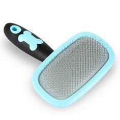 a blue and black hair brush on a white background