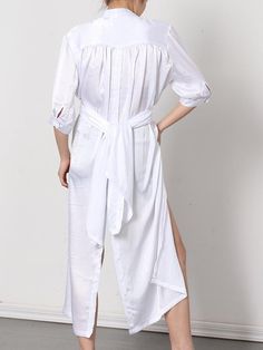 Sku CY-!65343 Material Polyester Style Loose , Half Sleeves Feature Split-side , Solid Color Neckline Lapel Occasion Casual , Vacation , Simple Seasons Spring , Summer Type Midi Dresses Color WHITE Size FREE SIZE Please consult the size chart we provide for this item's measurements to help you decide which size to buy.Please note: There may be 1-3cm differ due to manual measurement.CMINCH Bust Sleeve Length FREE SIZE 150 47 122-128 White Long Sleeve Maxi Dress For Day Out, White Long Dress For Brunch, Long White Dress For Brunch, White Long Sleeve Maxi Dress For Daywear, Casual White Dress With Tie Waist, White Long Maxi Dress For Daywear, White Maxi Dress With Tie Waist And Short Sleeves, White Dress With Tie Waist For Day Out, White Tie Waist Maxi Dress For Summer