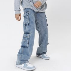 Product Show： Blue Pants Men, Simple Sweatshirt, Street Y2k, Denim Wide Leg, Denim Cargo Pants, Work Trousers, Men Street, Cargo Pants Men, Cargo Jeans