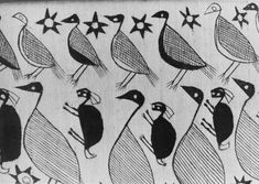 some birds are standing in the middle of a line with stars on their heads and beaks