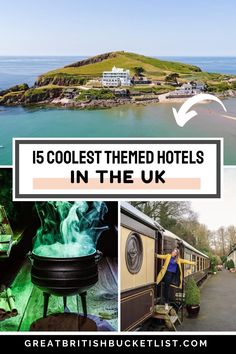 collage of photos with the words coolest themed hotels in the uk on them