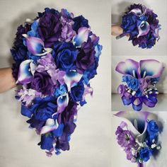 purple and blue flowers are arranged in the shape of a bride's bouquet with pearls