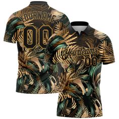 Custom Black Old Gold 3D Pattern Design Golden And Green Tropical Leaves In The Style Of Jungalow And Hawaii Performance Golf Polo Shirt Sialkot Pakistan, 3d Pattern Design, Custom Polo Shirts, Tennis Shirts, Custom Golf, Team Uniforms, Sports Balls, 3d Pattern, Sports Uniforms