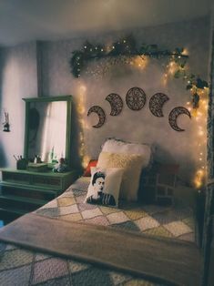 a bedroom decorated with lights and decorations