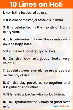 10 Lines on Holi Festival My Favourite Festival Essay, Holi Festival Quotes, Holi Quotes In English, Holi In Hindi, English For Students, English Essay, Mouse Images, Festival Quotes, Activity Preschool