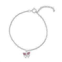 Charm everyone in your path with this Charming Girl Sterling Silver Crystal Butterfly Bracelet. Charm everyone in your path with this Charming Girl Sterling Silver Crystal Butterfly Bracelet. Nickel free Metal: sterling silver Bracelet length: 7 in. Packaging: boxed Plating: fine silver Finish: polished Size: 6". Color: Pink. Gender: female. Age Group: kids. Crystal Butterfly, Butterfly Bracelet, Bracelet Charm, Silver Crystal, Sterling Silver Bracelet, Fine Silver, Sterling Silver Bracelets, Chain Bracelet, Gender Female