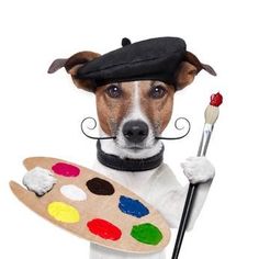 a dog is holding a paintbrush and an artist's palette