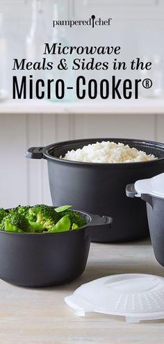 the microwave meals and sides in the micro cooker are ready to be eaten with broccoli