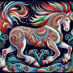 a painting of a colorful horse on a black background