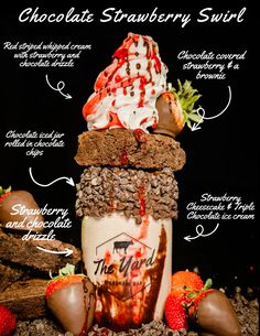 an ice cream sundae with chocolate strawberries and whipped cream on top, surrounded by other ingredients