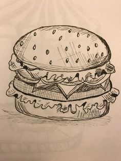 a drawing of a large sandwich with lots of toppings on it's bun