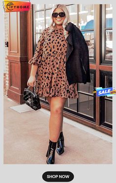 Plus Size Leopard Shift Dress with Ruffle Plus Size Shift Dress, Leopard Shirt, Floral Halter Dress, Khaki Fashion, Chic Pattern, Ruffles Fashion, Black Leopard Print, Ribbed Midi Dress, Leopard Dress