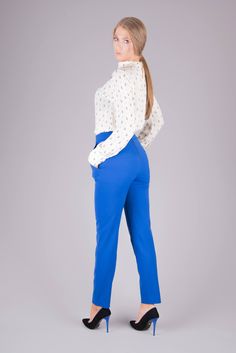 "Details Details: This beautiful pants are very comfortable and elegant suitable for business. It's used high quality materials for manufacturing them. They are straight leg pattern. You can wear them them in different occasions formal or casual. Classic Line trousers. Elegant style, suitable for any type figure. Pockets, with zip fastening on the back. It's part of the collection \"Face Off\". Made with a lot of attention and love in our Bulgarianian design studio. Fabric & Color: Wool I Ac Elegant Straight Work Pants For Office, Stretch Work Pants With Welt Pockets For Office, Elegant Ankle-length Work Pants For Office, Elegant Ankle-length Pants For Office Wear, Tailored High Waist Work Pants, Office Work Pants Ankle-length With Welt Pockets, Office Work Pants With Welt Pockets, Ankle Length, Tailored Straight Leg Work Pants For Office, Elegant Straight Leg Office Pants