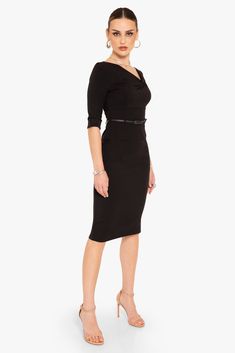 Laurel Berman's iconic Black Halo Classic Jackie O Dress with 3/4 sleeves is perfect for the office or an evening out. With a classically slim silhouette, this piece is made for being seen. Featuring an asymmetrical neckline, 3/4 sleeves, slim waist with built in loops the a genuine leather belt (included!), scoop back with zip closure, and knee length skirt with a back slit. The Jackie O is designed and manufactured in Los Angeles, CA, USA of imported fabrics. 42 inches From Shoulder Center Bac Black Knee Length Cocktail Dress, Black Pencil Dress Outfit Classy, Black Pencil Dress Outfit, Pencil Dress Outfit Classy, Pencil Dress Outfit, Alt Bride, Cute Professional Outfits, Knee Length Cocktail Dress, Black Pencil Dress