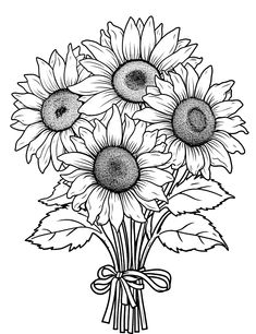 black and white drawing of sunflowers in a vase