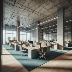 an empty office with lots of desks and chairs in front of large glass windows