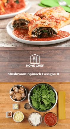 the food is prepared and ready to be eaten at home chef's mushroom - spinach lasagna