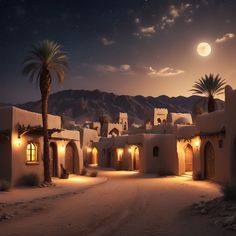 a desert village at night with palm trees and mountains in the background