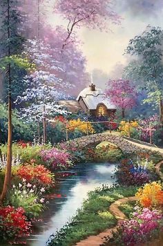 a painting of a garden with flowers and a bridge over a stream in the foreground