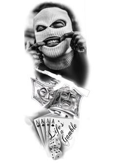 a person wearing a mask and playing cards with money in front of them on a white background